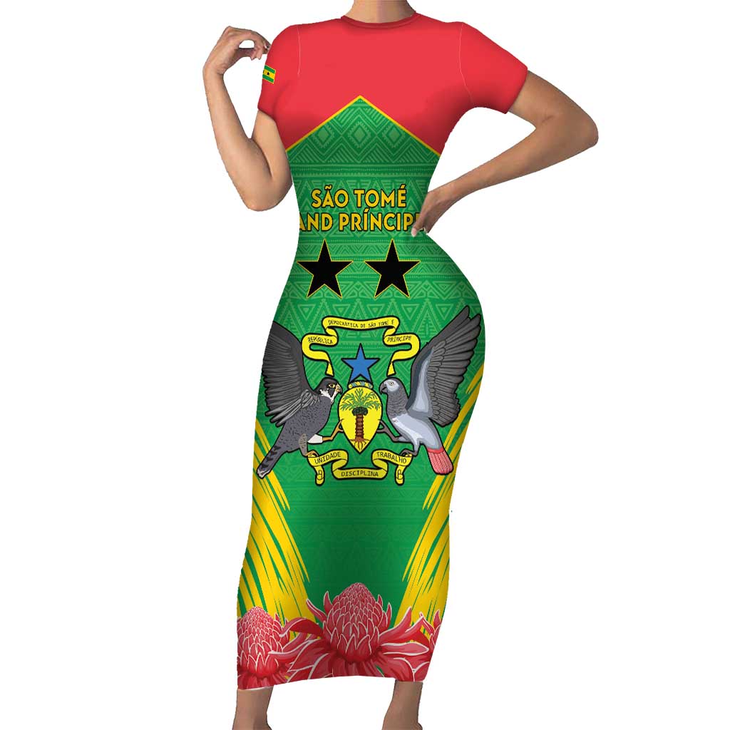 Personalised Sao Tome and Principe Short Sleeve Bodycon Dress Coat Of Arms With Porcelana Rose - Wonder Print Shop