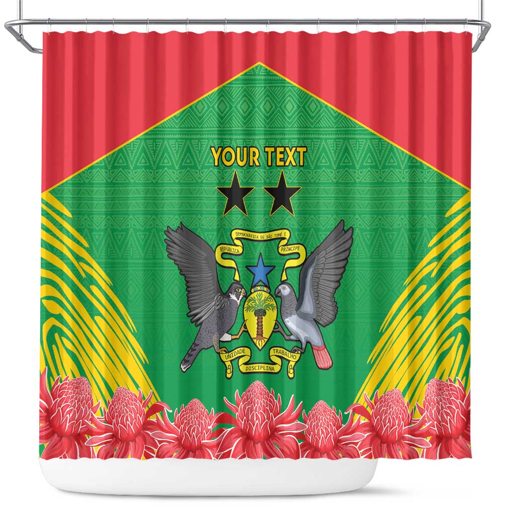 Green shower curtain with crest triangle and pink flower border, personalized “Your Text”.