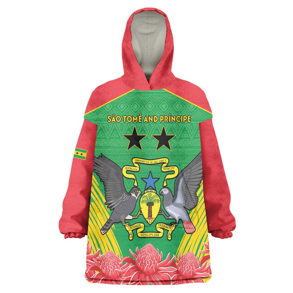 Personalised Sao Tome and Principe Wearable Blanket Hoodie Coat Of Arms With Porcelana Rose