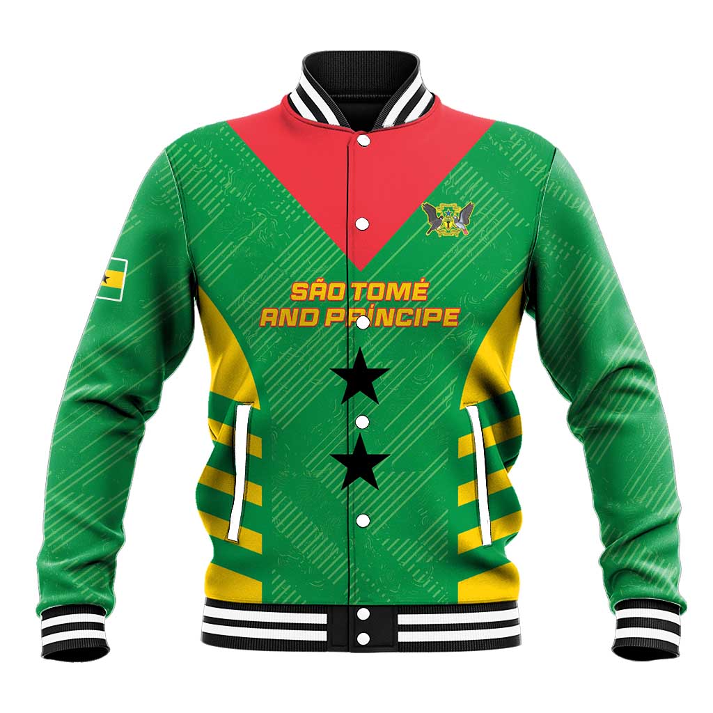 Green football baseball jacket with red yoke, yellow stripe, button front and striped cuffs