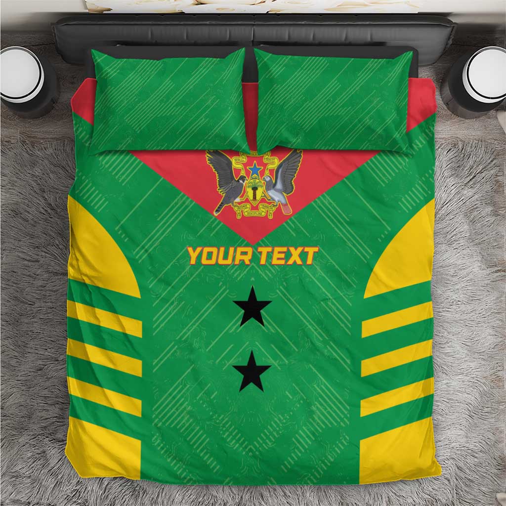 Green football bedding set with two pillowcases and duvet, red crest and yellow striped sides