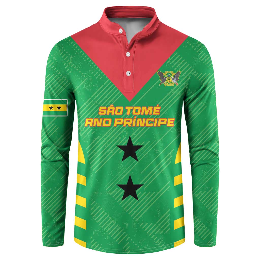 Green long-sleeve football button sweatshirt with red trim, Sao Tome and Principe graphic