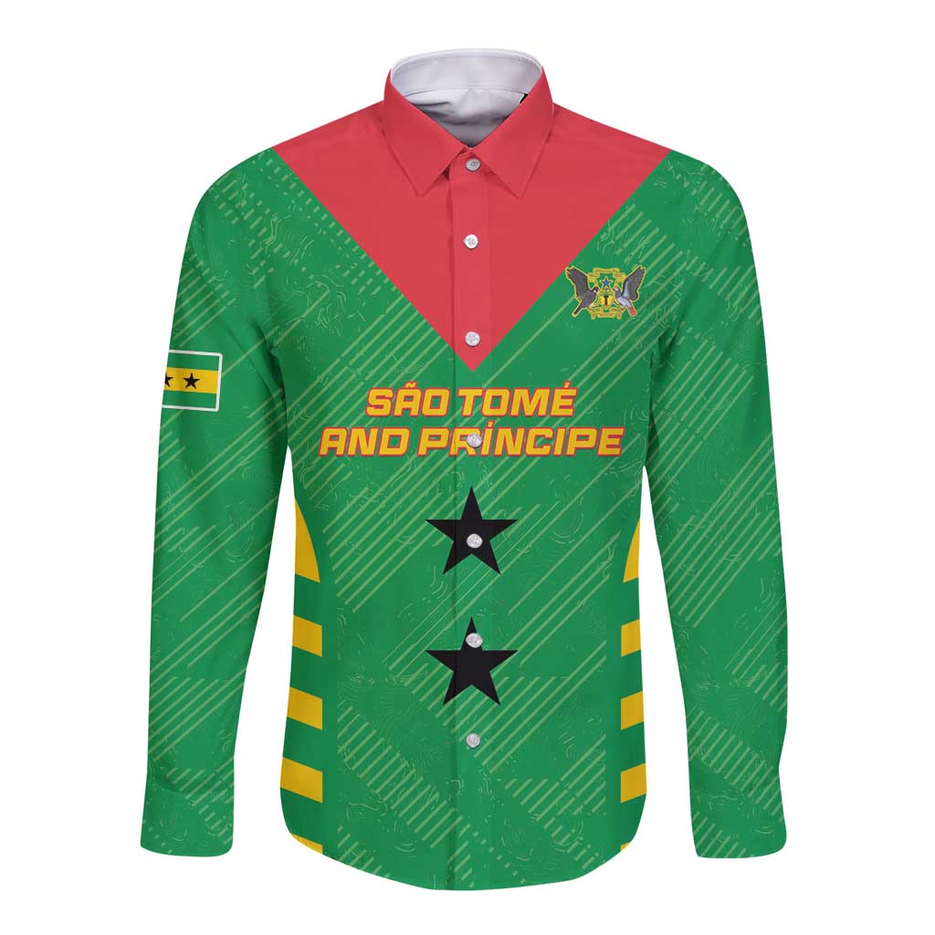Green long-sleeve football button shirt with red collar, Sao Tome crest and stars