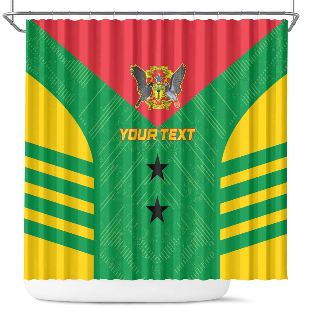 Custom football shower curtain with green, yellow, red diagonal stripes, crest, and stars