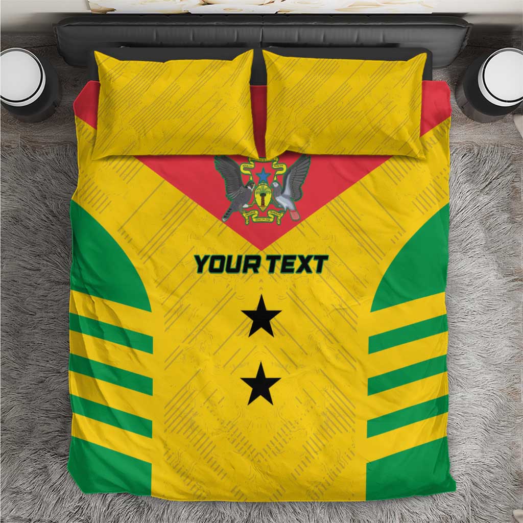 Yellow football bedding set with green stripes, red panel, crest and two stars; 2 pillowcases.