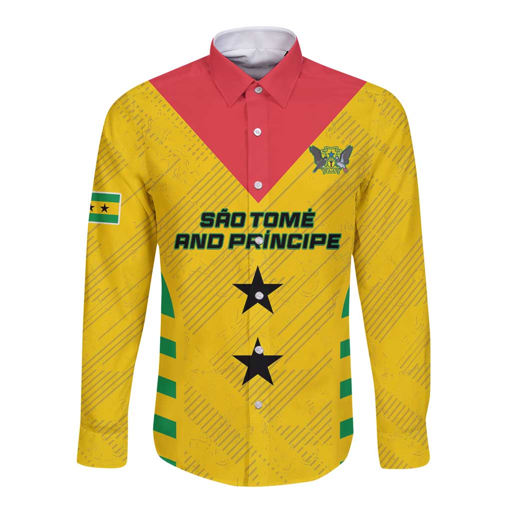 Yellow long-sleeve football button shirt with Sao Tome flag graphic and crest, front view