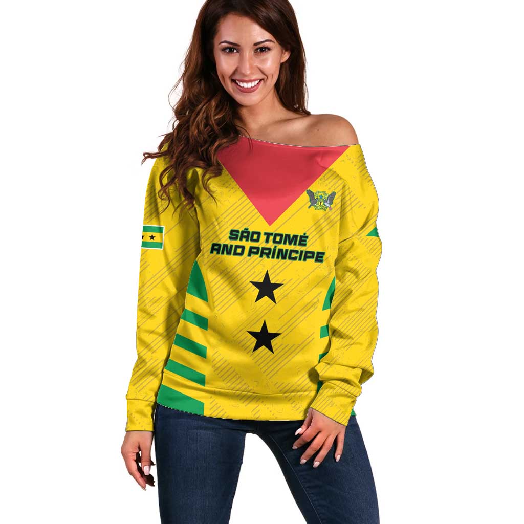 Custom Sao Tome and Principe Football Off Shoulder Sweater Go Champions - Yellow Ver