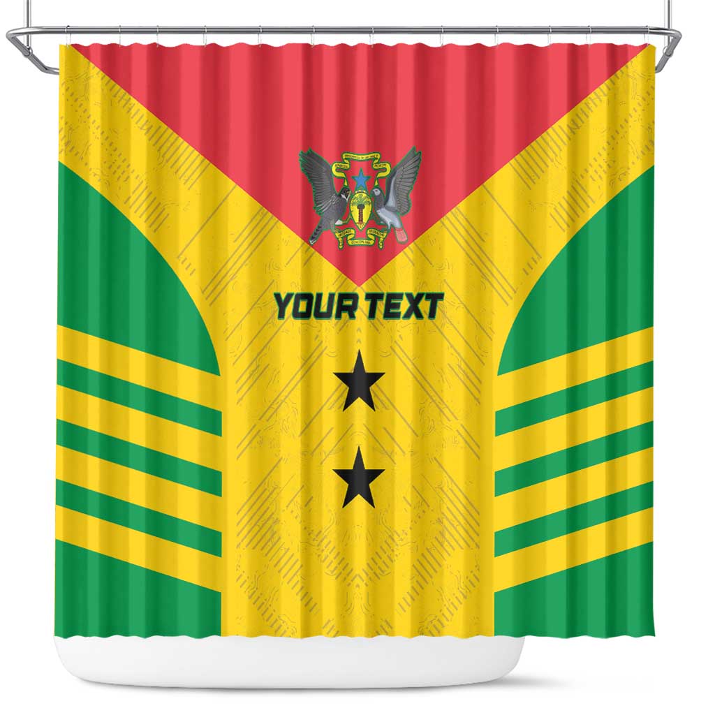 Sao Tome and Principe football shower curtain in yellow, red, and green with crest and 2 black stars
