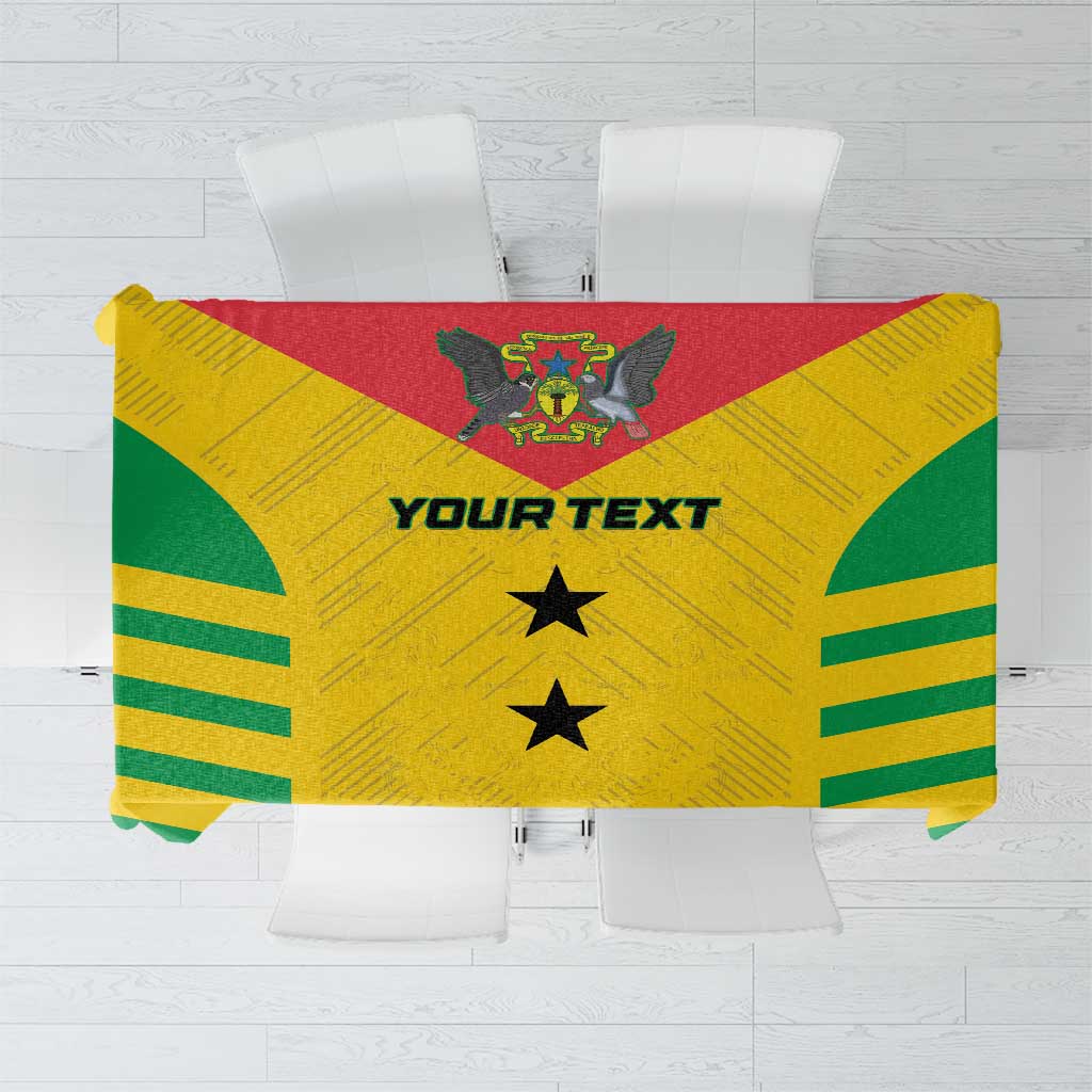 Football tablecloth in yellow with green stripes and crest graphic, custom printed