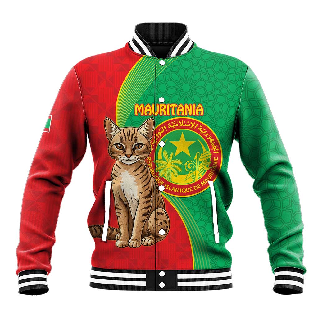 Green and red Mauritania baseball jacket with wild cat graphic and crest on front