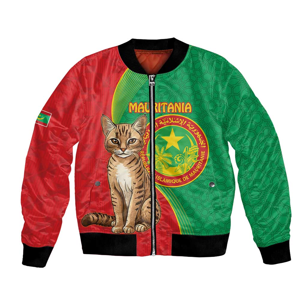 Green and red bomber jacket with front zipper, black rib trim, wild cat graphic and crest