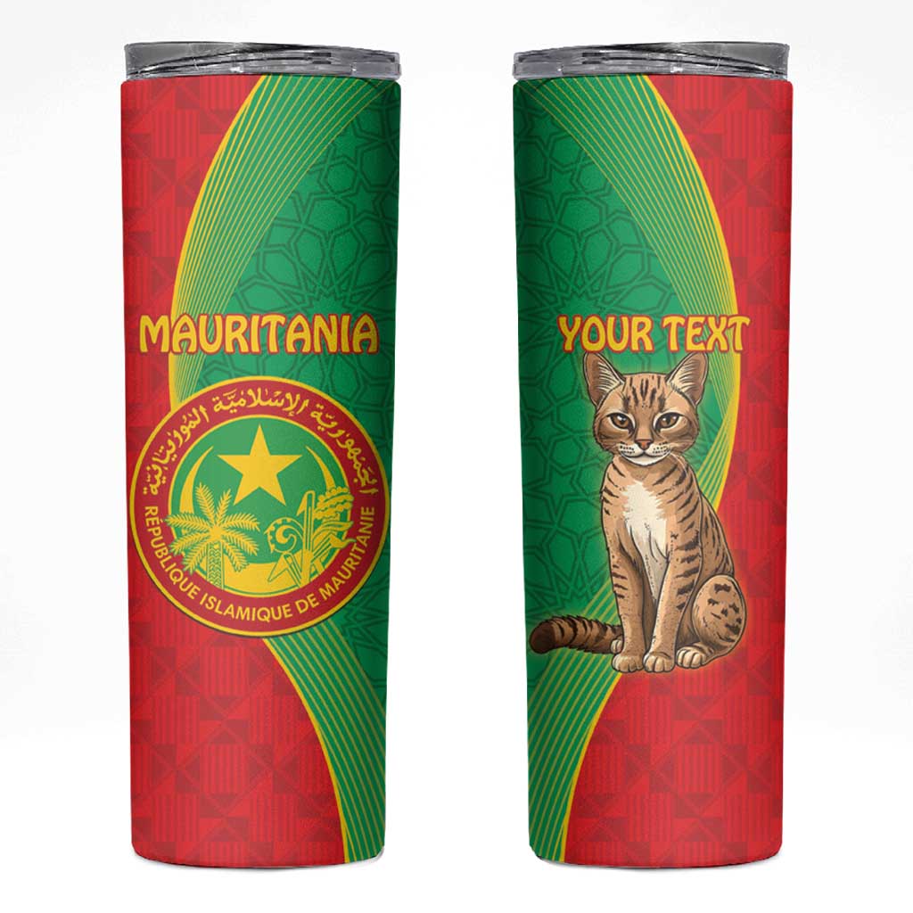 Personalised Mauritania Skinny Tumbler African Wild Cat With Coat Of Arms - Wonder Print Shop