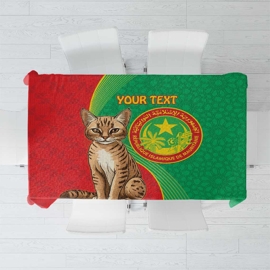 Personalised green tablecloth with wild cat and Mauritania coat of arms, 'YOUR TEXT'.