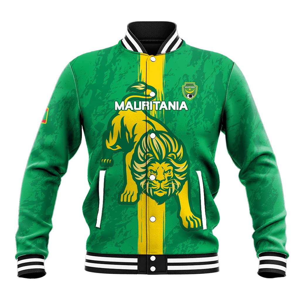 Green baseball jacket with snap buttons; Mauritania text and lion mascot on front