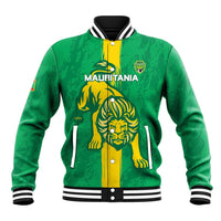 Green baseball jacket with snap buttons; Mauritania text and lion mascot on front