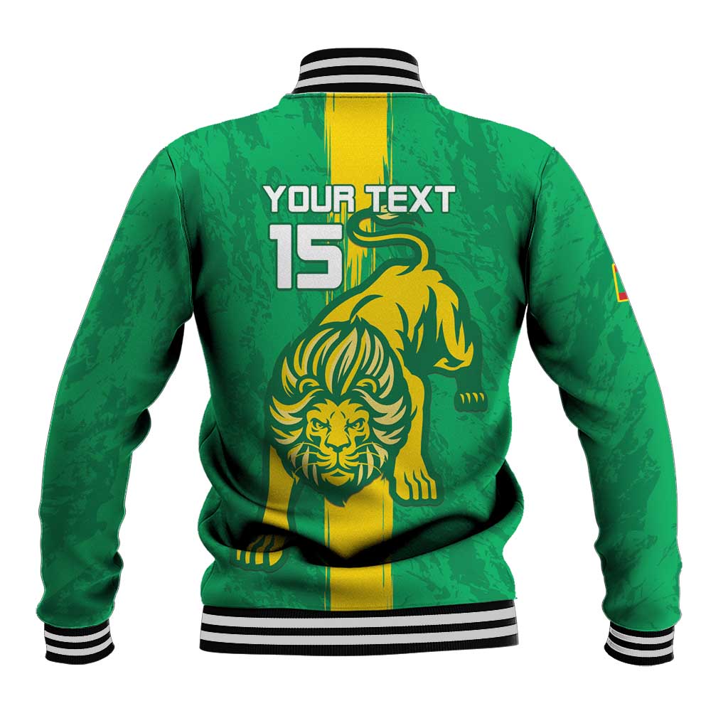 Green baseball jacket, striped ribbed collar/cuffs; lion back graphic with 'YOUR TEXT 15'