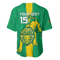 Green jersey back with YOUR TEXT and 15, yellow lion, side red sleeve stripe