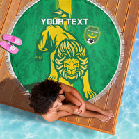 Green round beach blanket with fringe, lion and crest graphic, YOUR TEXT
