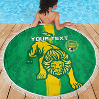 Green round beach blanket with fringe, lion and crest graphic, YOUR TEXT
