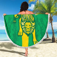 Green round beach blanket with fringe, lion and crest graphic, YOUR TEXT