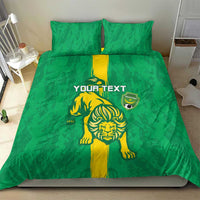 Green football bedding set with lion emblem, shield badge, and yellow vertical stripe
