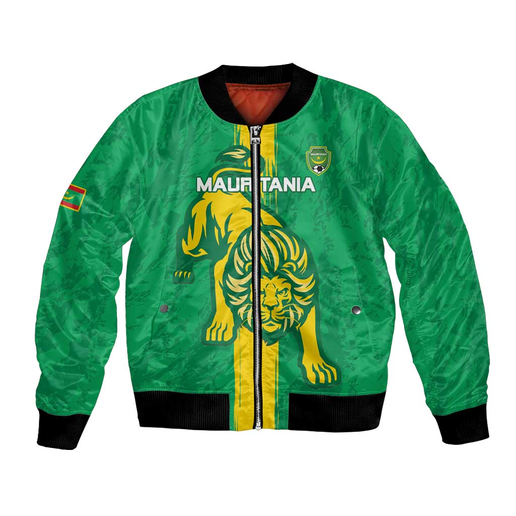 Green football bomber jacket with lion emblem, black ribbed collar and cuffs, front zipper