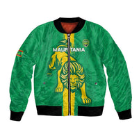 Green football bomber jacket with lion emblem, black ribbed collar and cuffs, front zipper