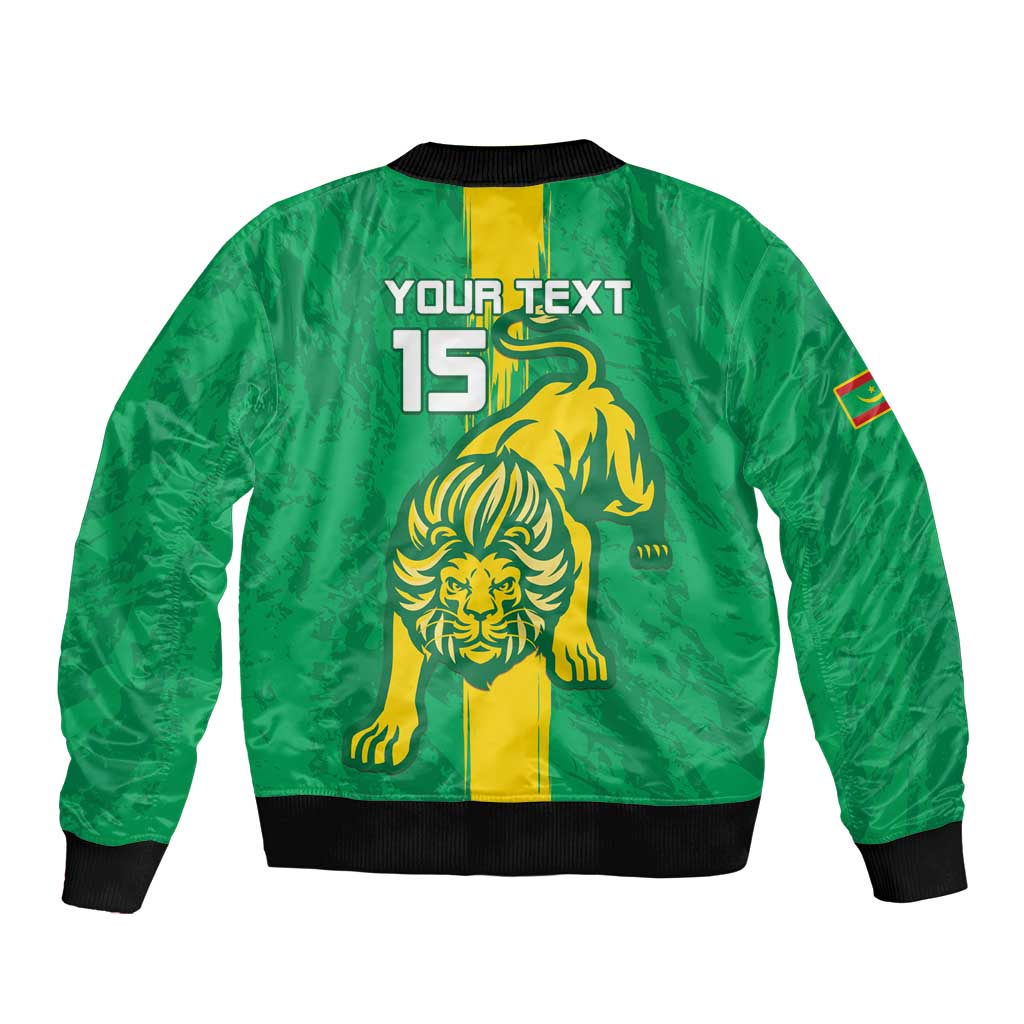 Green football bomber jacket back with YOUR TEXT 15, lion graphic, black ribbed hem and cuffs