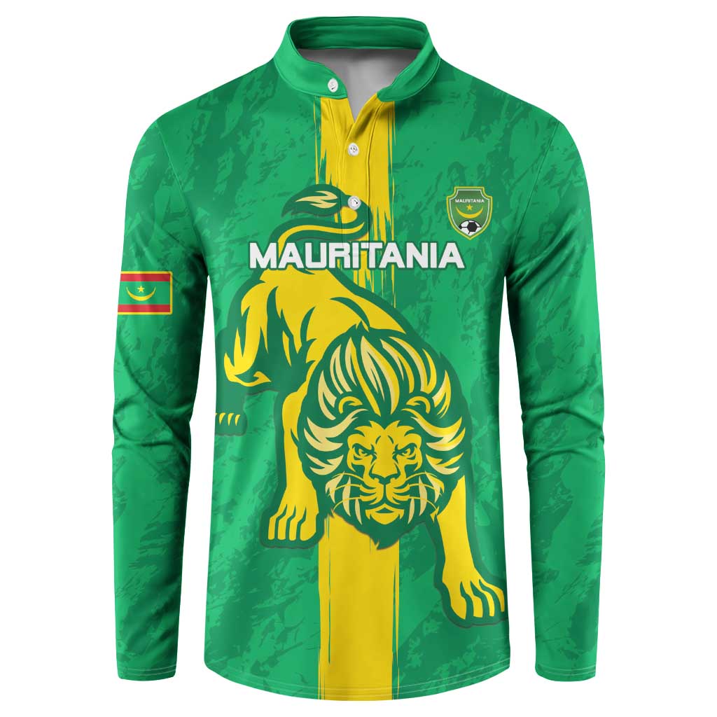 Green button-up football sweatshirt with yellow lion front graphic and crest patch