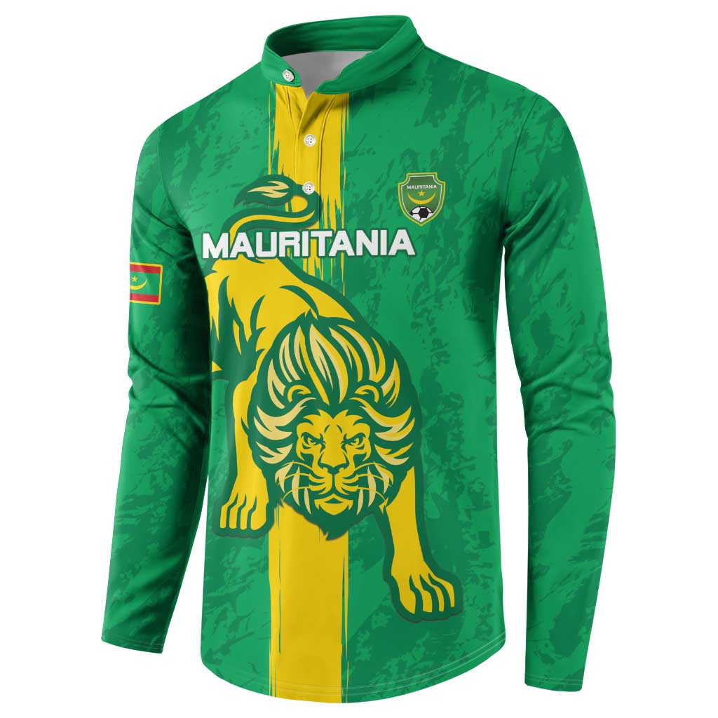Green button-up football sweatshirt front view with yellow lion, MAURITANIA text, crest