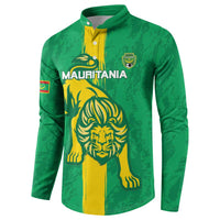Green button-up football sweatshirt front view with yellow lion, MAURITANIA text, crest