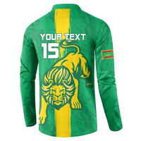 Green button-up football sweatshirt back with YOUR TEXT 15 and yellow lion graphic