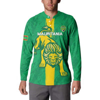 Green button-up football sweatshirt on model: yellow lion front graphic and crest patch