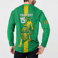 Green button-up football sweatshirt back on model with YOUR TEXT 15 and yellow lion