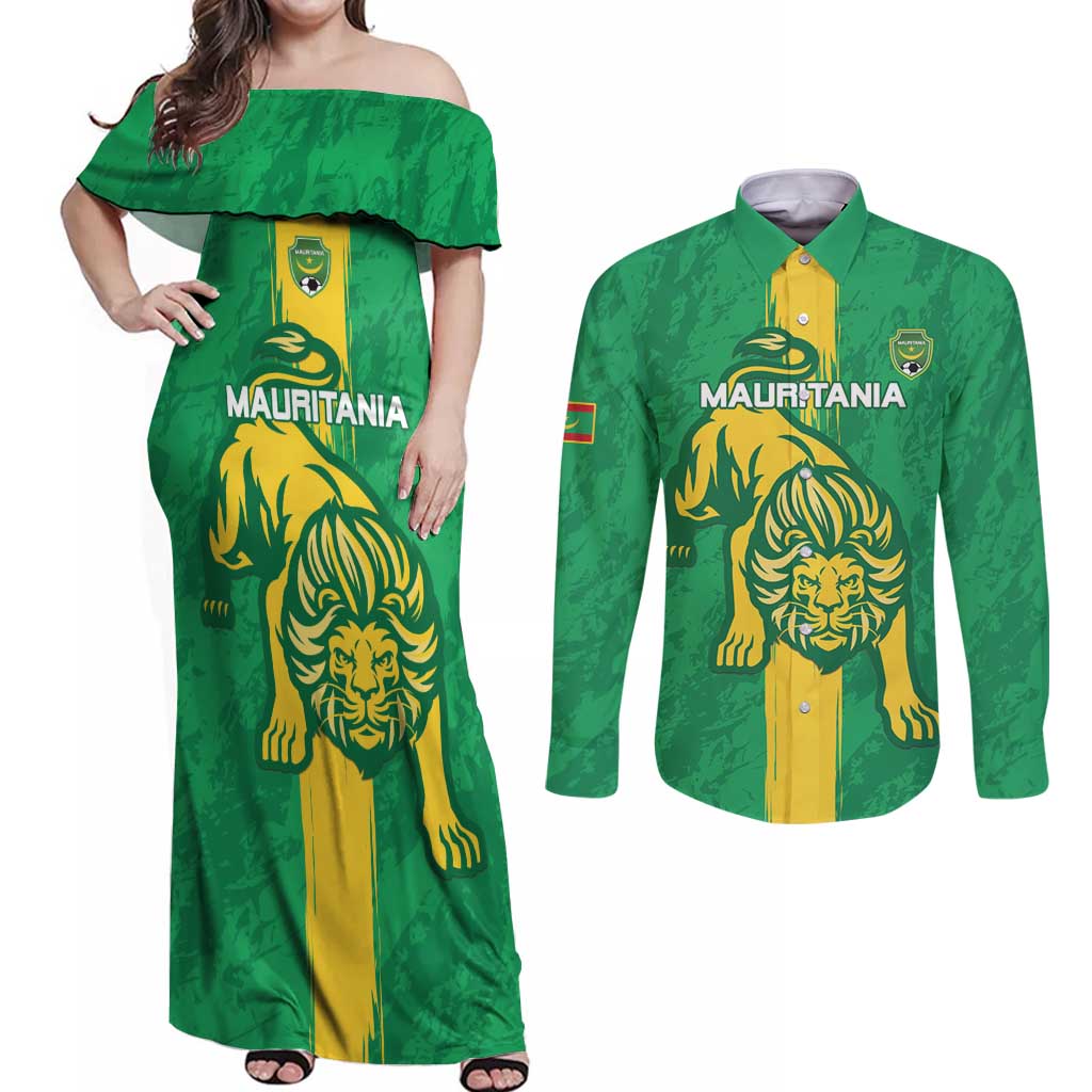 Custom Mauritania Football Couples Matching Off Shoulder Maxi Dress and Long Sleeve Button Shirt Go Al-Murabitun