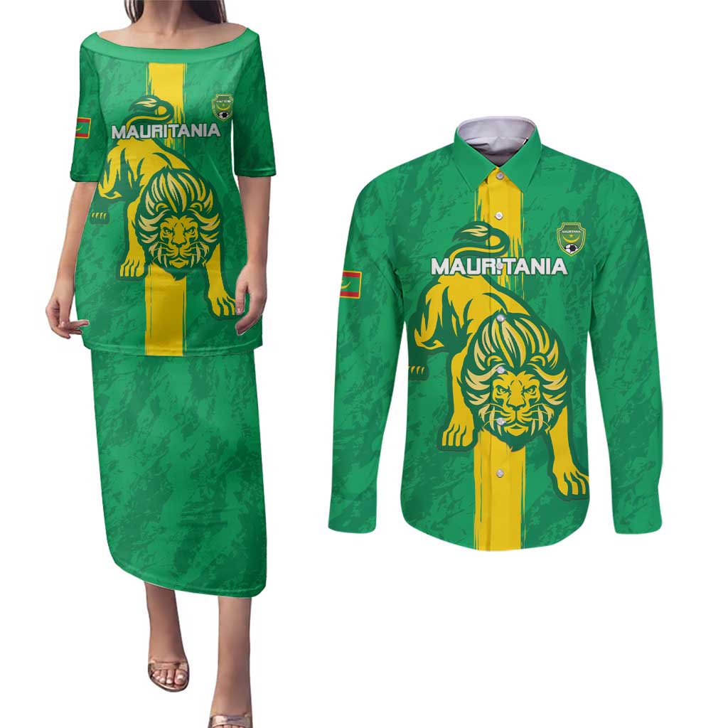 Custom Mauritania Football Couples Matching Puletasi and Long Sleeve Button Shirt Go Al-Murabitun