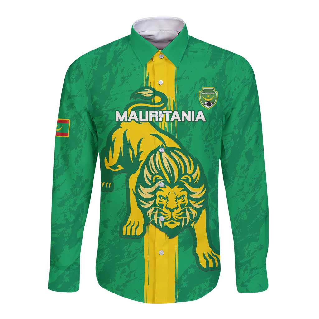 Green long-sleeve button football shirt with lion graphic and MAURITANIA logo