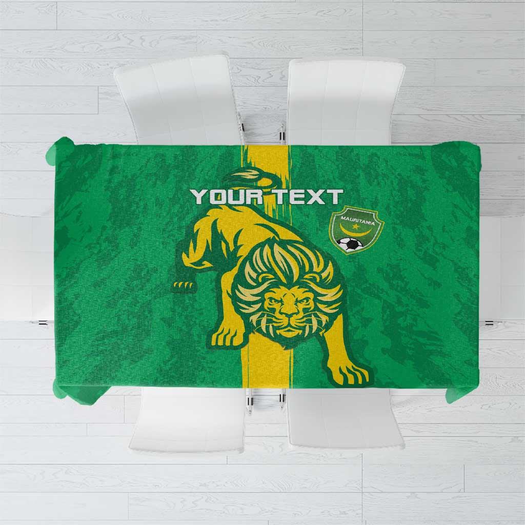 Green football tablecloth with YOURTEXT logo, lion graphic, and crest