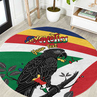 Round decorative area rug with flag stripes and black parrot graphic