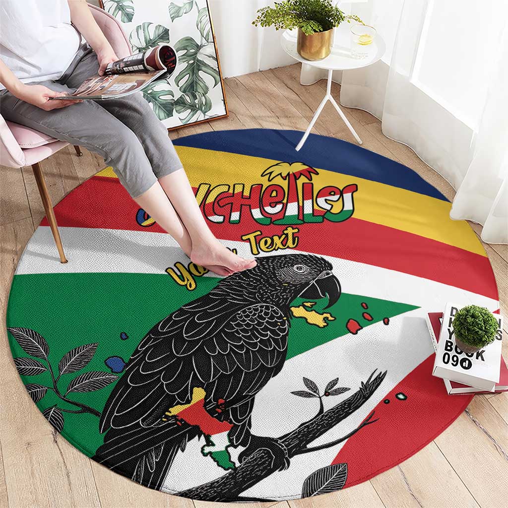 Round rug with flag stripes, black parrot, and custom text label