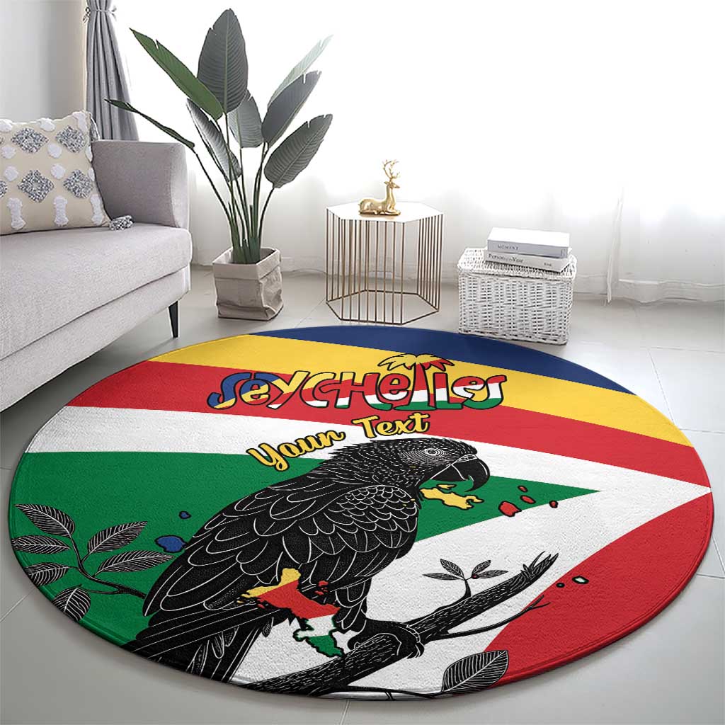 Round rug featuring flag stripes and large black parrot illustration