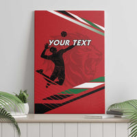 Red volleyball canvas wall art with player silhouette, lion graphic, and your text