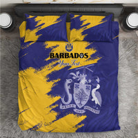 Blue and yellow Barbados-themed bedding set with crest and pillows