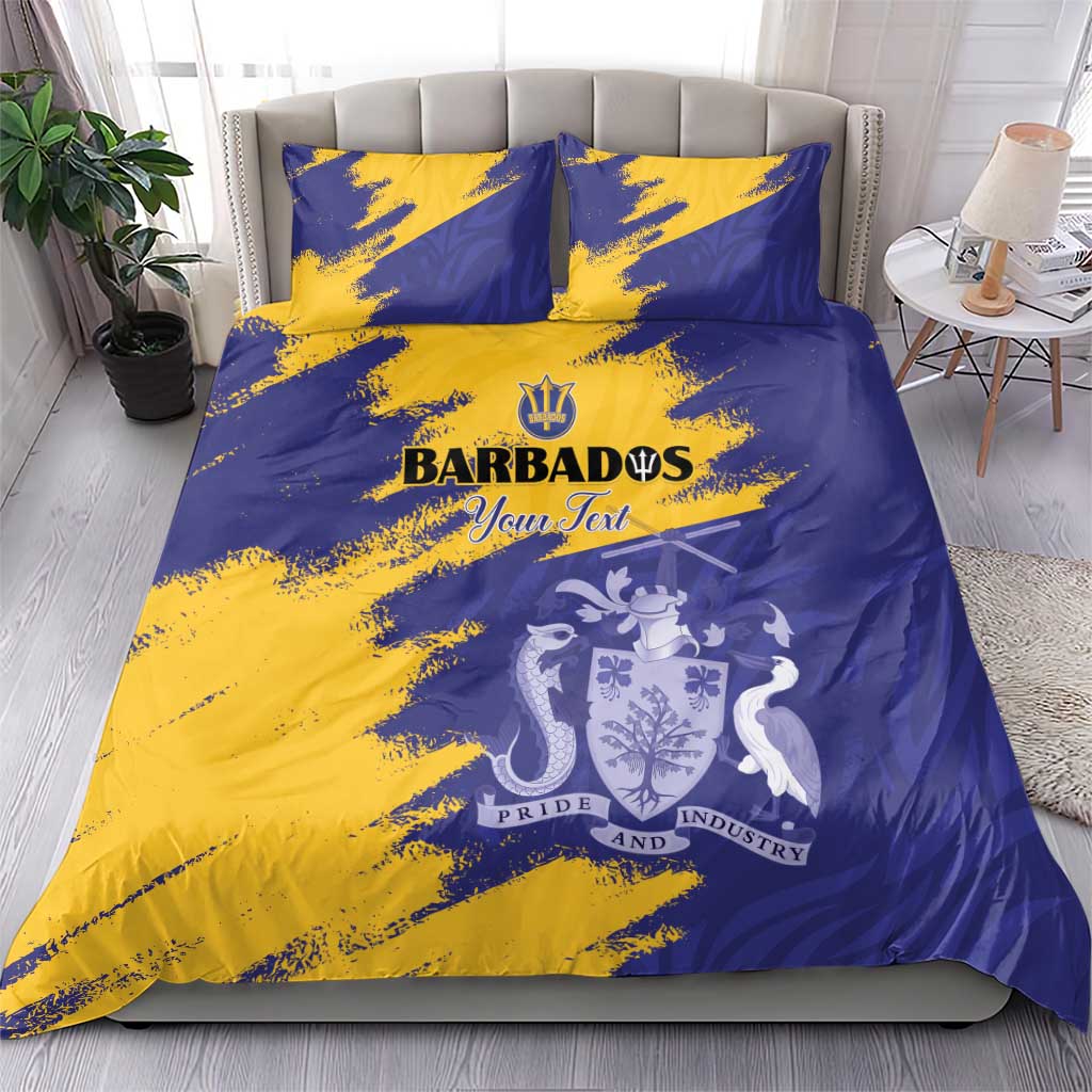 Barbados bedding set on bed: blue and yellow duvet with matching pillowcases