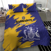 Blue and yellow duvet set featuring Barbados emblem, with two coordinating pillows
