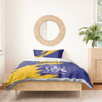 Blue and yellow Barbados bedding set on bed with duvet cover and one pillow