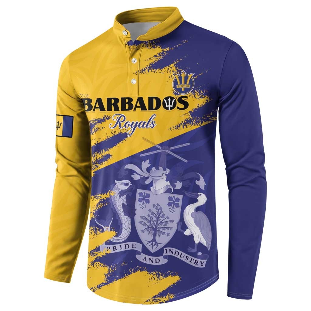 Cricket button sweatshirt in yellow and navy with Barbados Royals logo and crest