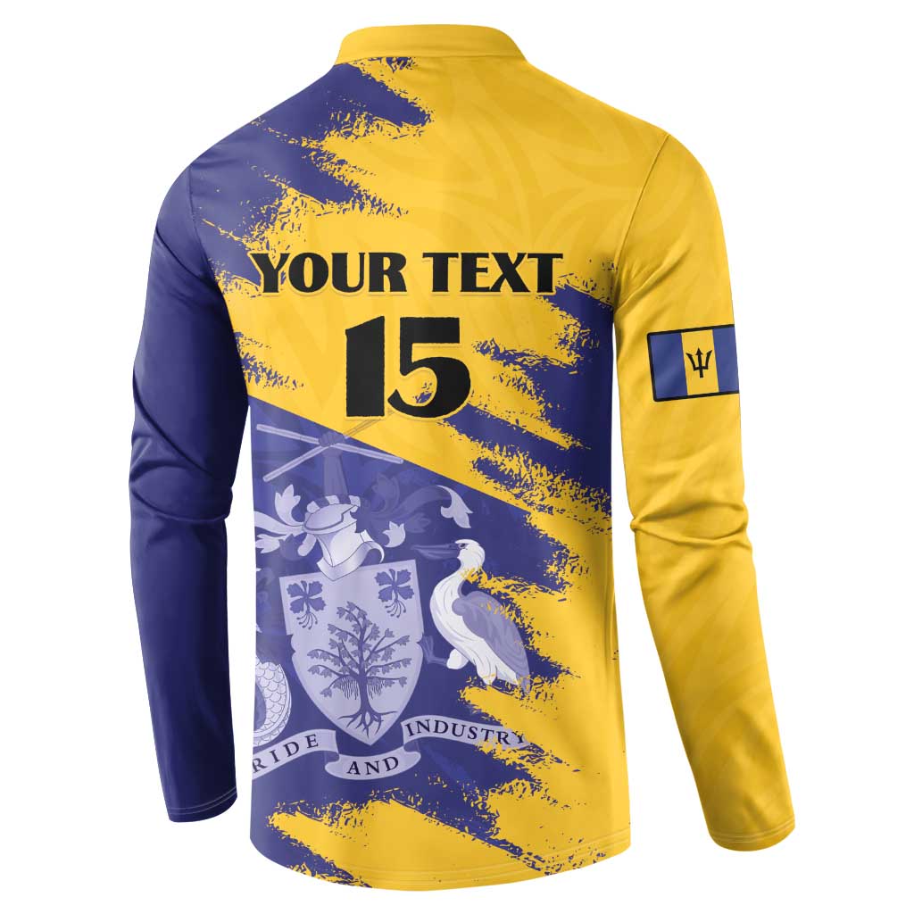 Back of yellow and navy cricket button sweatshirt with 'YOUR TEXT' and number 15
