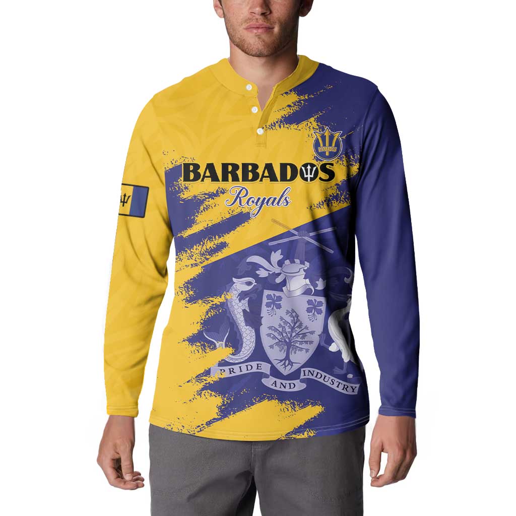 Yellow and navy cricket button sweatshirt with Barbados Royals crest on the chest