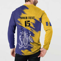 Back view of yellow and navy cricket button sweatshirt with 'YOUR TEXT' and 15